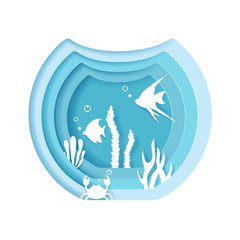 Paper craft underwater sea cave with fishes, crab, seahorse, seabed in algae, waves. World Oceans Day 8 June. Diving concept.