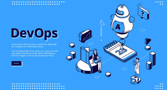 Devops isometric landing page, development and operation specialists work collaboration. at huge ai robot, pie chart and calendar. Automation cycles software construction 3d vector line art web banner