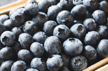 Fresh organic blueberries in basket on dark concrete background.