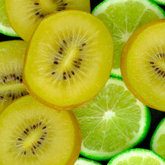 Fototapeta na wymiar Delicious fresh Gold Kiwifruit and Green background with citrus-fruit of lime slices, Lemon texture 