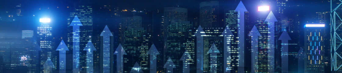 Financial growth concept. Up arrows on modern night city. Panoramic business background.