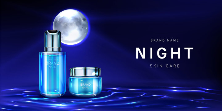 Cosmetics for night skin care banner. Pump bottle and cream jar on water surface under full moon light. Beauty product packages, moisturize lotion tubes, natural cosmetic ad Realistic 3d vector poster