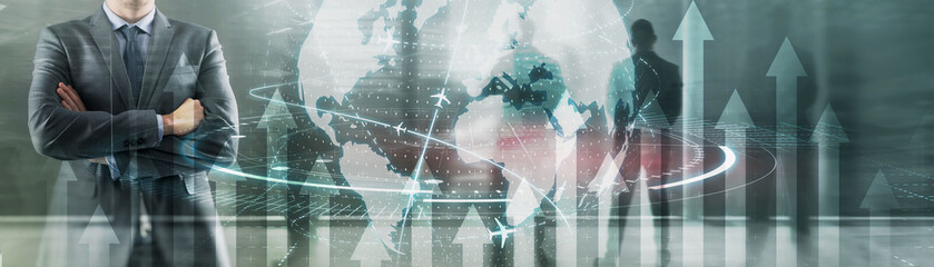 Planet globe 3D Businwss background. Silhouettes against the city background.