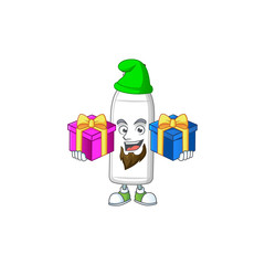 A smiling milk bottle cartoon design having Christmas gifts