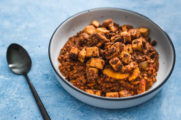 plant-based food, vegan lentil curry soup with marinated tofu cubes
