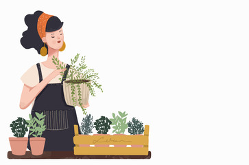Woman planting gardens flowers, agriculture gardener hobby and garden job. Gardening person, gardener flowers. Flat vector illustration.