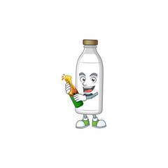 Mascot cartoon design of milk bottle making toast with a bottle of beer