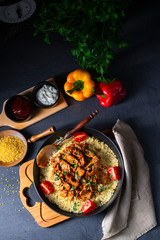rustic bulgur pans with gratinated gyros and yoghurt