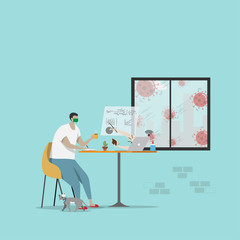 student watch online lesson and make lecture via laptop at home. homeschooling , e-learning education during self isolation to avoid spreading illness transmission of COVID-19 Coronavirus pandemic.