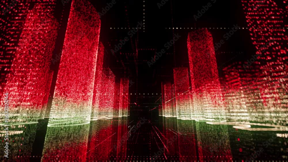Poster camera movement in cyberspace through the digital city consists of red and white colored symbols and