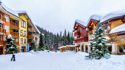 Colorful buildings in the Winter Sport Village of Sun Peaks, an Alpine Village in the Shuswap Highlands of British Columbia