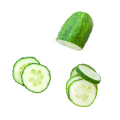 Set of slice of cucumber isolated on white background.