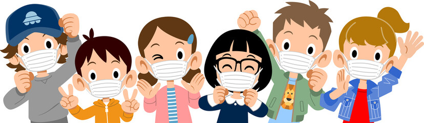 マスクをつけた元気な子どもたちの上半身
