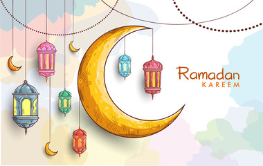 Hand drawn Sketch of lantern for ramadan greetings card with watercolor Background. Vector Illustration