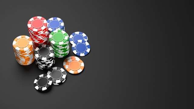 Stacks of colorful casino chips on black background. 3D illustration