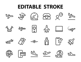  A simple set of airport related vector line icons. Contains badges such as departure, boarding, waiting time, boarding, find a place to travel tickets, and much more. Editable stroke. 48x48 pixels