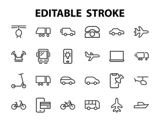 Set of public transport related vector line icons. Contains icons such as bus, bike, suitcase, car, scooter, truck, transport, trolley bus, sailboat, motor boat, plane and much more. Editable stroke.