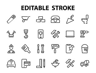 Set of construction icons, simple vector lines, contains the following icons: builder, roller, hammer with wrench, toilet bowl and much more. Editable stroke. 48x48 pixels perfect, white background