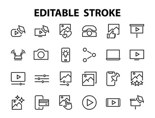 Set of Images Gallery vector line icons. Contains icons such as video, play video, edit images, Business Training, like photo. Editable stroke. Vector illustration