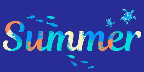 illustration with abstract tropical sea fishes, turtles and summer lettering