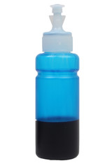 bottle of cyan ink for inkjet printer isolated on white background