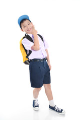 asian student boy stand at the white background