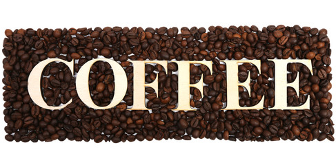 the word coffee is made of wooden letters. roasted coffee beans texture isolated on white background