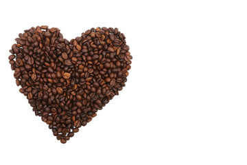 heart of roasted coffee beans isolated on a white background. space for your label