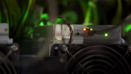 Cryptocurrency mining equipment on large farm. ASIC miners on stand racks mine bitcoin in server room. Blockchain techology application specific integrated circuit. Tripod panorama.