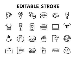 A simple set of fast food icons related to the vector line. Contains icons such as pizza, burger, sushi, bike, scrambled eggs and more. EDITABLE stroke. 480x480 pixels perfect, EPS 10