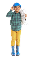 Little African-American electrician on white background