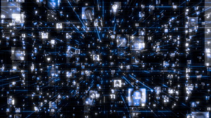 Social network as a flow of bright people portraits moving along dark blue network connections. Business, technology or social media motion background. 3D rendering video