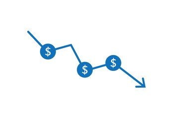 Dollar rate decrease vector line icon. Money symbol with down arrow. Lower cost icon. Financial crisis vector icon, Lower cost icon, Business lost crisis decrease vector illustration. Editable stroke.