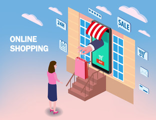 Online shopping young women character hand serves a package with purchase from smartphone internet shop.