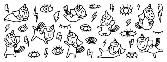 Fototapeta premium Cute hand drawn doodle vector set, Unicorn, eyes , Thunder, bolt, Kids and baby creative design vector collection.
