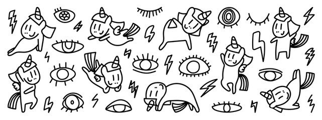 Cute hand drawn doodle vector set, Unicorn, eyes , Thunder, bolt, Kids and baby creative design vector collection.