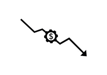 Dollar rate decrease vector line icon. Money symbol with down arrow. Lower cost icon. Financial crisis vector icon, Lower cost icon, Business lost crisis decrease vector illustration. Editable stroke.