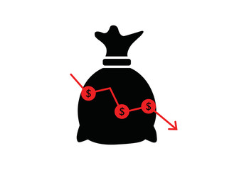 Dollar rate decrease vector line icon. Money symbol with down arrow. Lower cost icon. Financial crisis vector icon, Lower cost icon, Business lost crisis decrease vector illustration. Editable stroke.