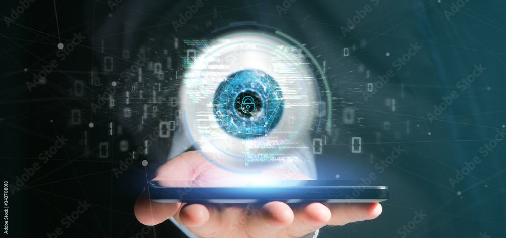 Poster businessman holding a visual recognition eye concept with data - 3d rendering