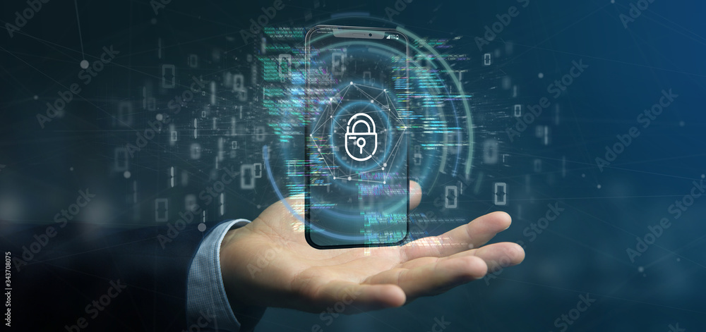 Aufkleber businessman holding security data and smartphone security - 3d rendering
