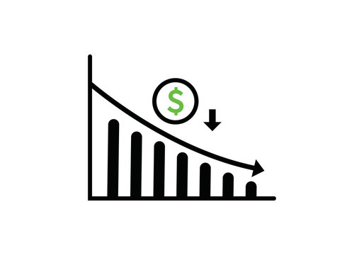 Dollar rate decrease vector line icon. Money symbol with down arrow. Lower cost icon. Financial crisis vector icon, Lower cost icon, Business lost crisis decrease vector illustration. Editable stroke.
