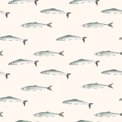 Beautiful vector seamless pattern with watercolor herring fish. Stock illustration.