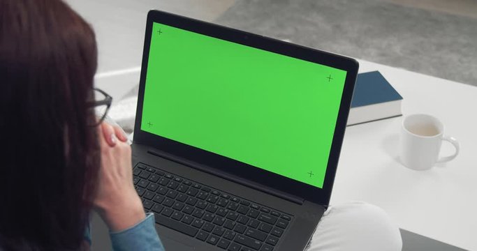 View from back of young female sitting at home and watching video on personal laptop. Chroma key screen, space for text and advertisement. Concept of isolation and technology.