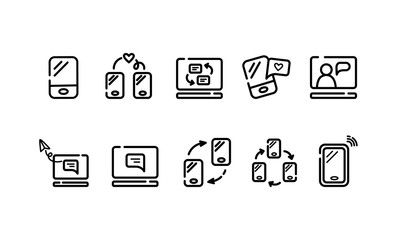 communication and connection outline icons - black line symbols or pictograms for app or web site, chat conversation and mobile phones gadgets concept, isolated icons on white background - vector set