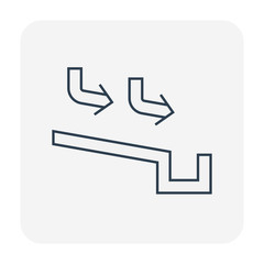 Rain gutter vector icon. Also called eavestrough, eaves-shoot or surface water collection channel. Include arrow of roof slope direction for rainwater discharge and drainage system of home or building