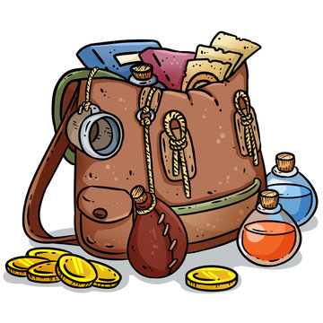 Adventurer Pack Colorful Image. Fantasy Character Pouch With Magical Items. Treasure Bag Comic Style Doodle. Gold Coins, Potions