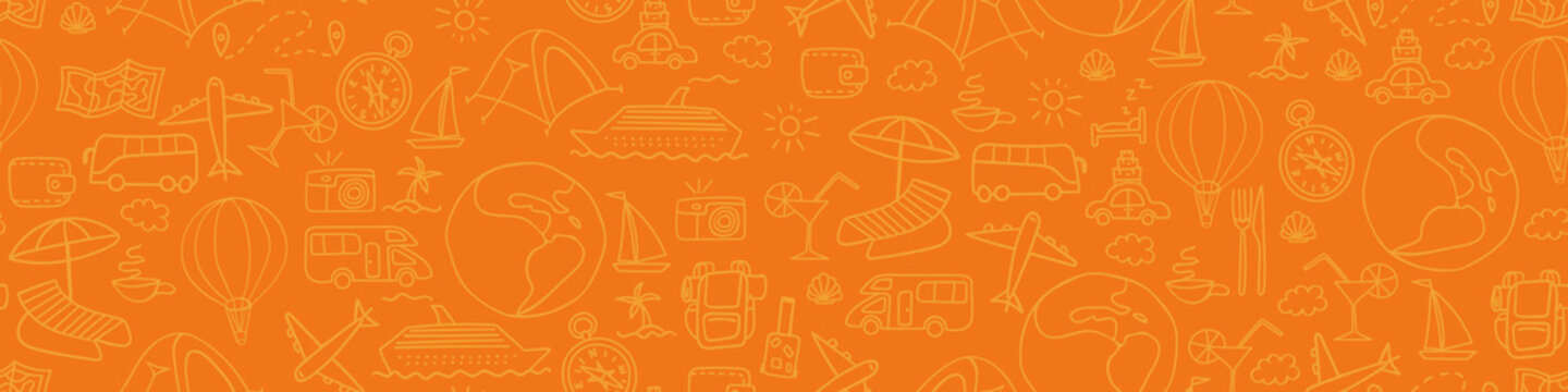 Travel and vacation orange background. Summer tourism seamless pattern. Outline vector illustration.