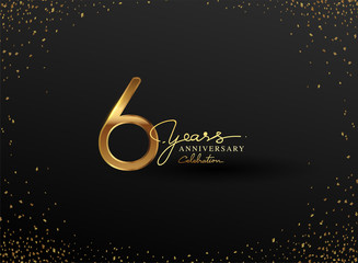 6 Years Anniversary Logo with Confetti Golden Colored isolated on black background, vector design for greeting card and invitation card