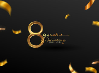 8 Years Anniversary Logo with Confetti Golden Colored isolated on black background, vector design for greeting card and invitation card