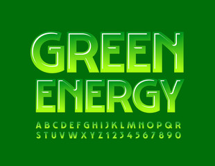 Vector eco sign Green Energy with modern Glossy Font. Trendy Alphabet Letters and Numbers